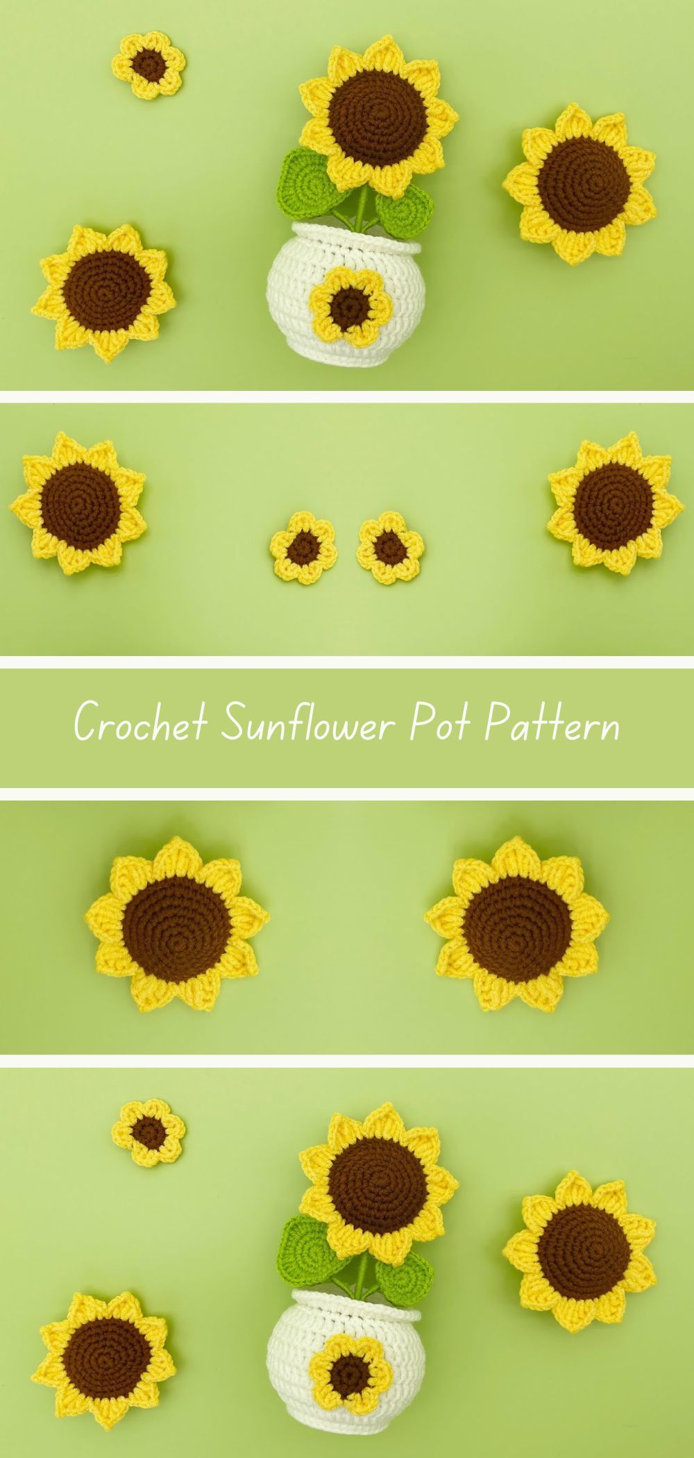 Crochet sunflower pot pattern tutorial with guided instructions.