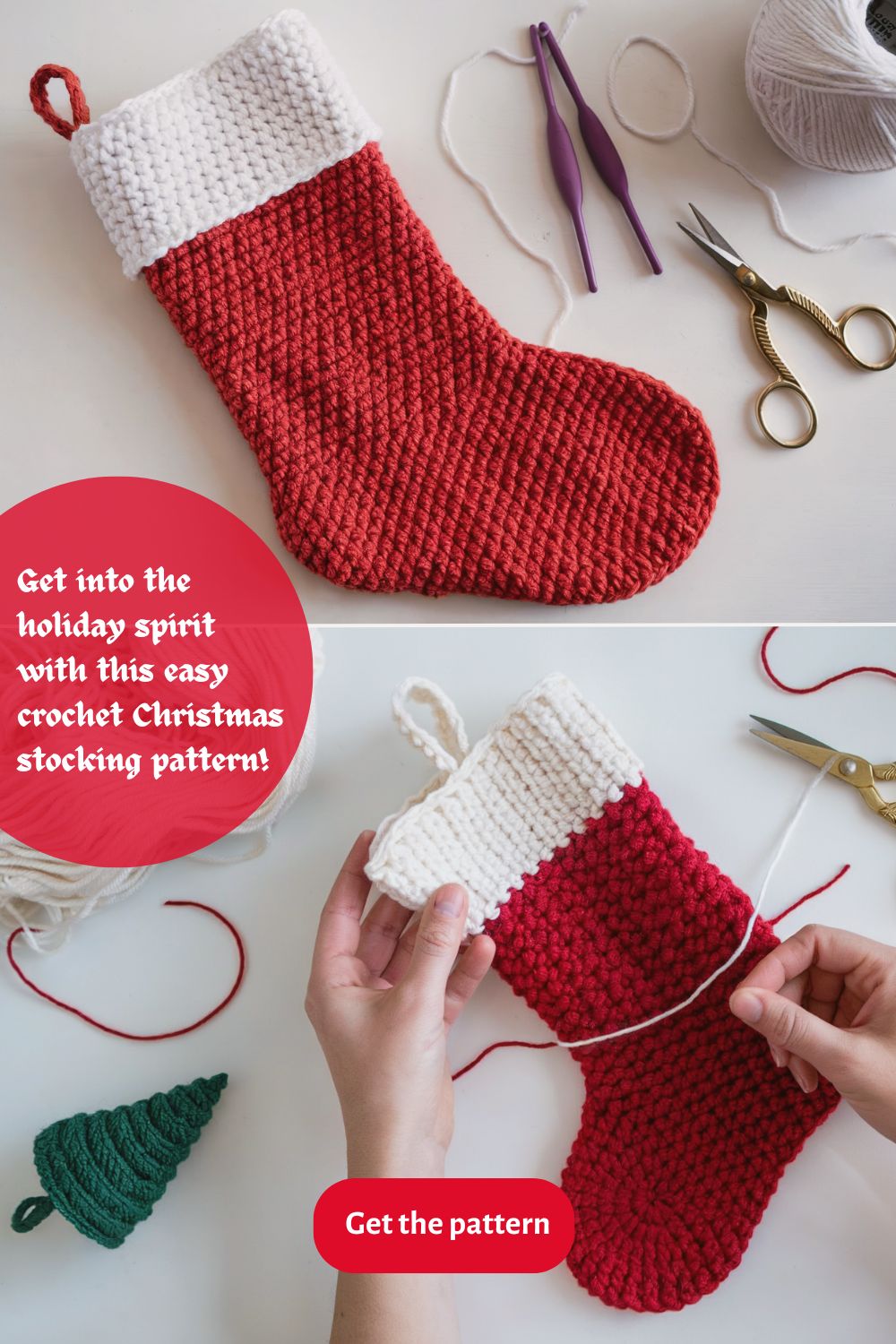 Handmade crochet Christmas stocking made with soft polyester yarn, perfect for beginners and holiday decor.