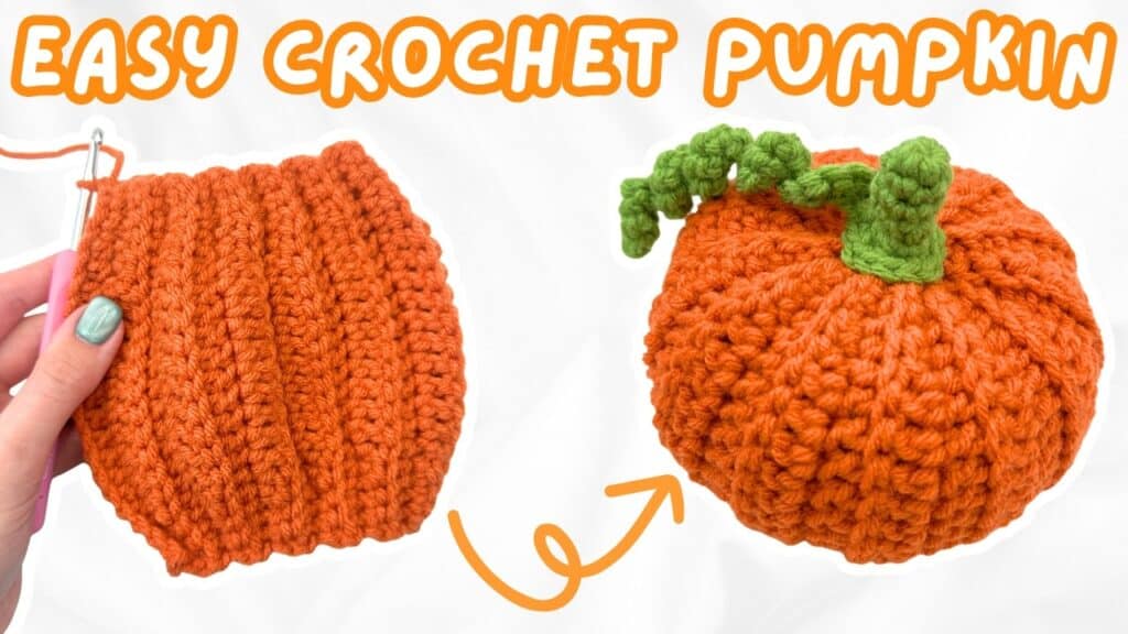 Orange ribbed crochet pumpkin with green stem for easy fall decor