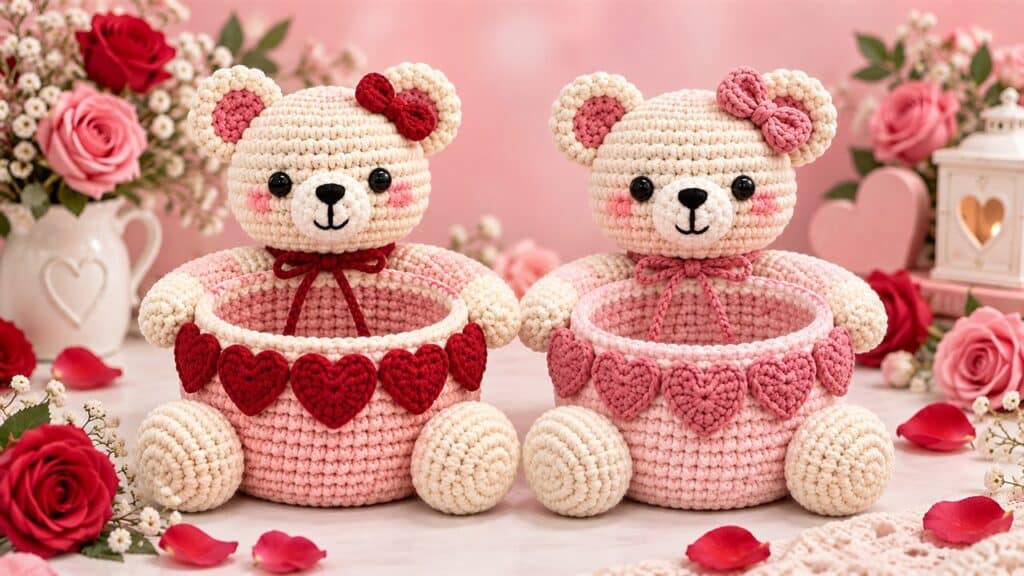 Two pink teddy bear crochet storage baskets decorated with heart appliques and roses