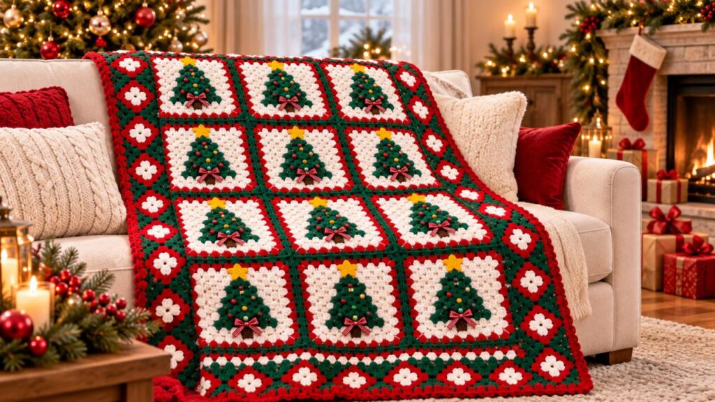 Festive crochet blanket made with Christmas tree granny squares