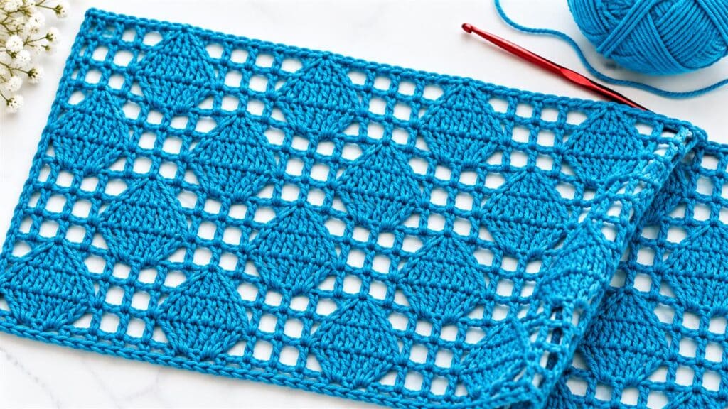 Turquoise crochet diamond lace pattern with yarn ball and red hook