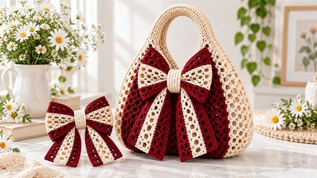 Elegant burgundy and cream crochet bow handbag on a studio table