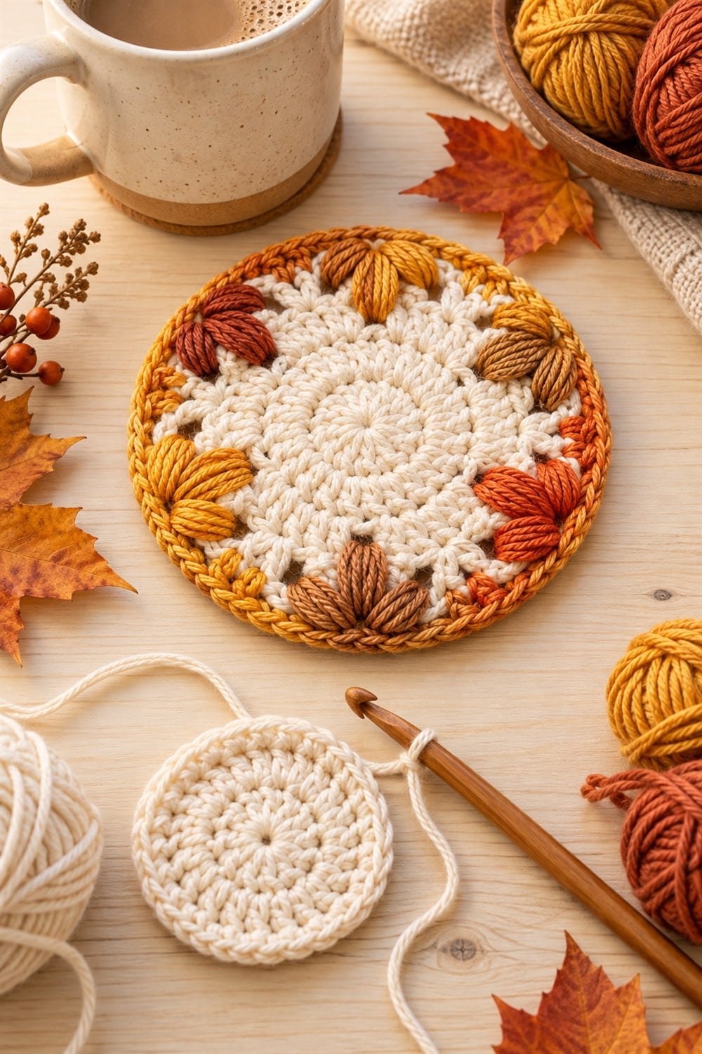 Easy Maple Leaf Crochet Coaster Video Tutorial Vertical autumn craft scene with a maple leaf crochet coaster, yarn, hook, and cream mug