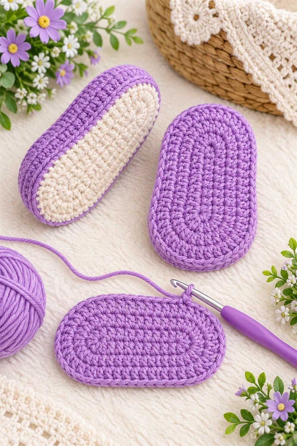 Easy Crochet Baby Slipper Sole Tutorial for 6–9 Months Lavender crochet baby slipper soles in a nursery flat lay with yarn, flowers, and a crochet hook