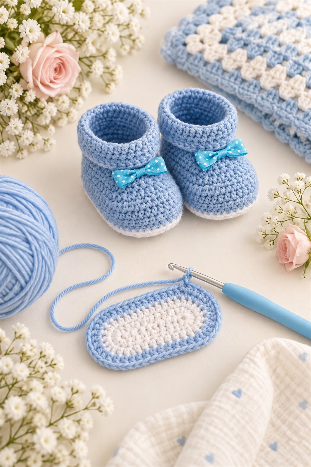 Easy Blue Bow Crochet Baby Booties Tutorial Blue bow crochet baby booties with a crocheted sole, yarn, flowers, and a crochet hook in a nursery flat lay