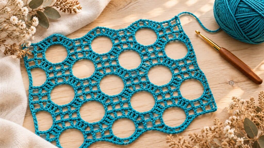 Teal crochet lace with repeating large circular openwork rings