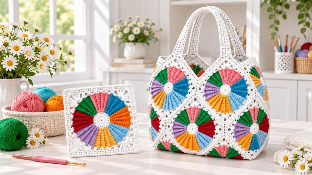 White crochet tote made from bright multicolor radial wheel granny squares