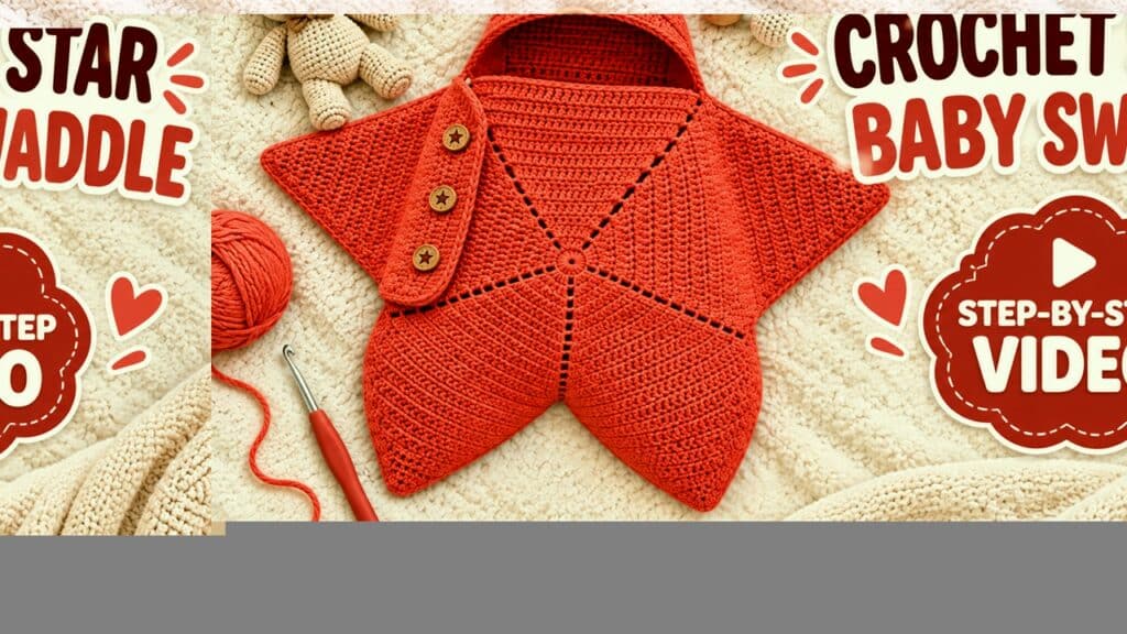 Coral-red crochet star baby swaddle with hood and decorative buttons