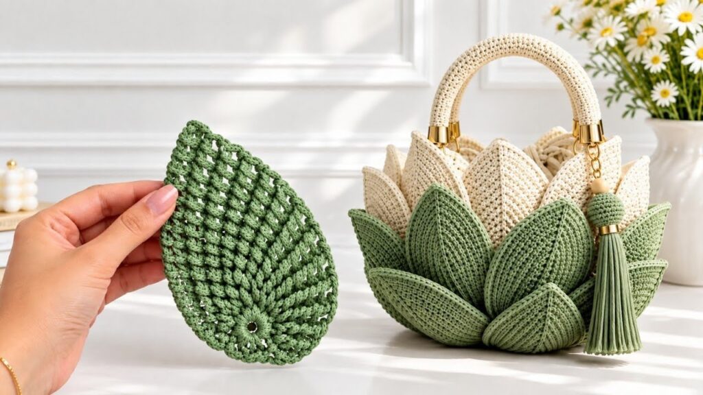 Cream and sage crochet lotus handbag with layered leaf motifs, rounded handle and tassel