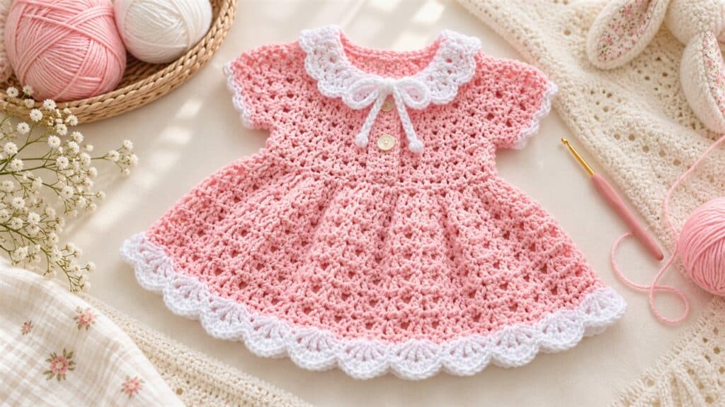 Pink crochet baby dress with short sleeves, white Peter Pan collar, bow, button, and scalloped hem