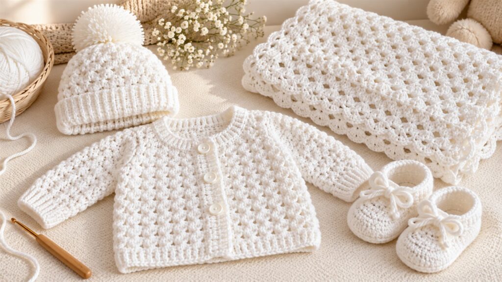 White crochet baby set with button cardigan, pom-pom hat, booties, and folded openwork blanket