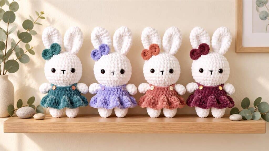 Four white crochet bunny dolls wearing teal, lavender, rose, and burgundy dresses