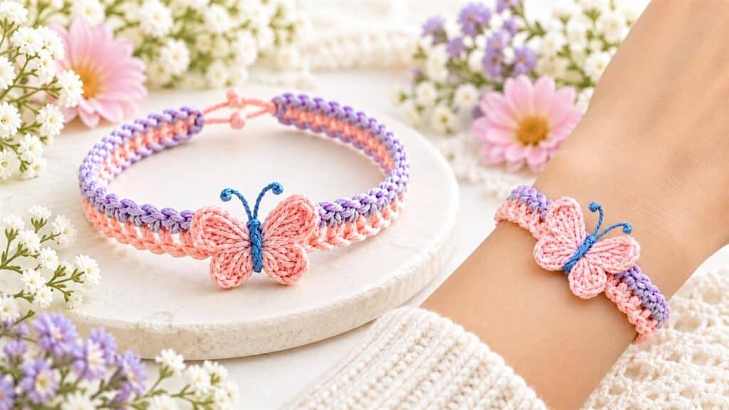 Lavender and pink crochet butterfly bracelet displayed beside a wrist-worn example