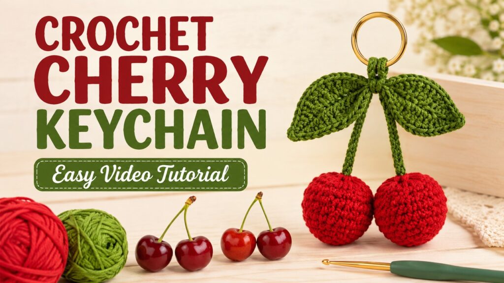 Handmade red cherry crochet keychain with green leaves and gold key ring on a craft table