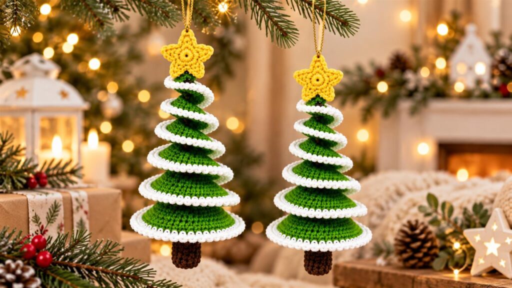 Two hanging crochet Christmas tree ornaments with green tiers, white edging and yellow star toppers