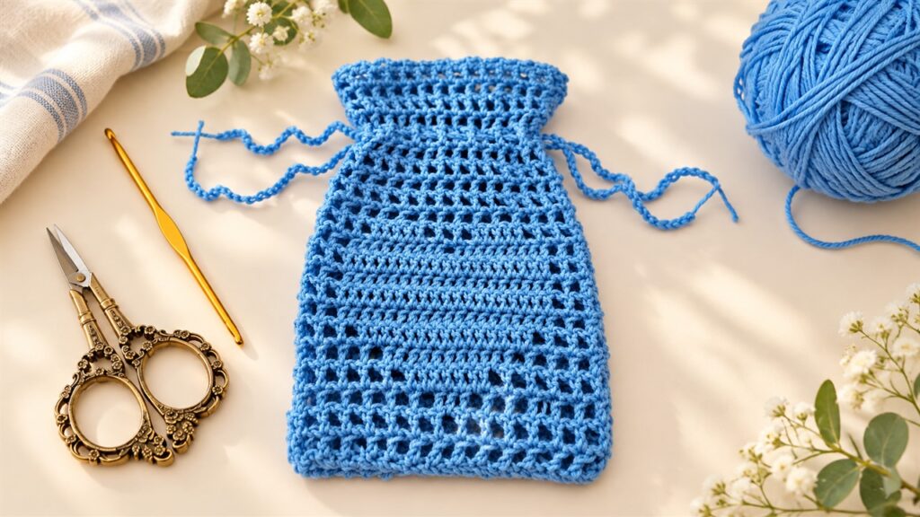 Sky-blue crochet drawstring pouch with textured center panel, open mesh sections, and matching cords