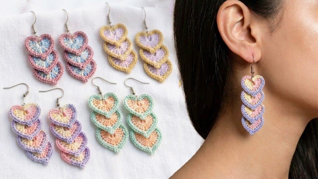 Pastel crochet heart earrings with three stacked motifs and fishhook ear wires