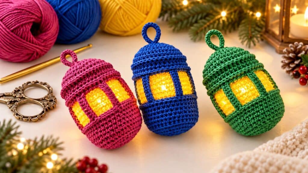 Pink, blue, and green crochet lantern ornaments with glowing yellow window panels