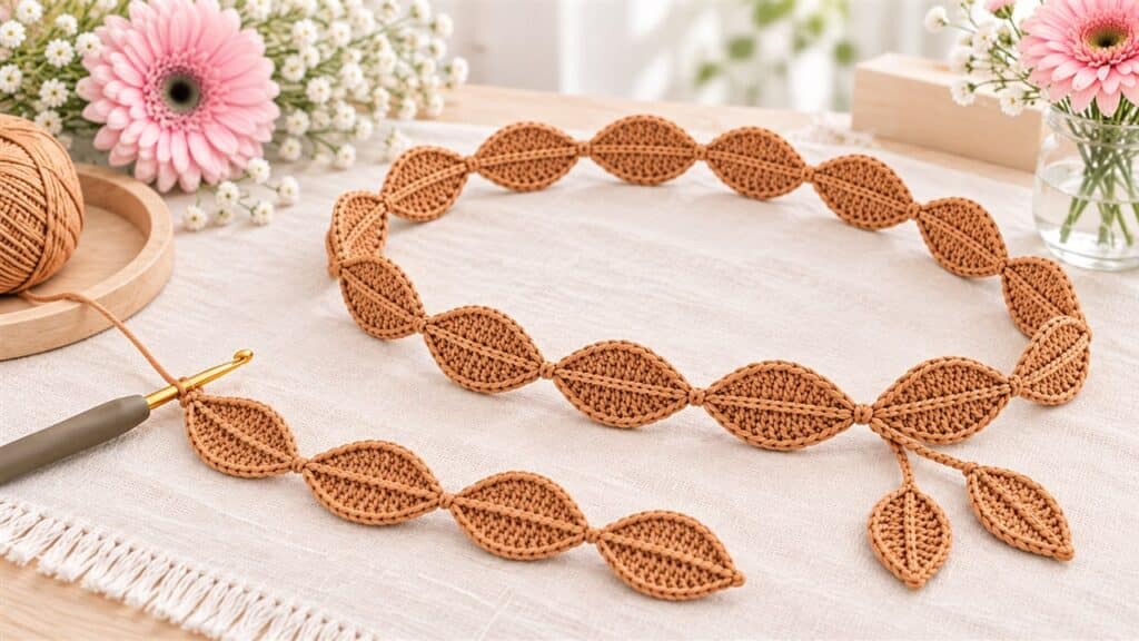 Continuous tan crochet leaf cord with pointed botanical motifs and center veins