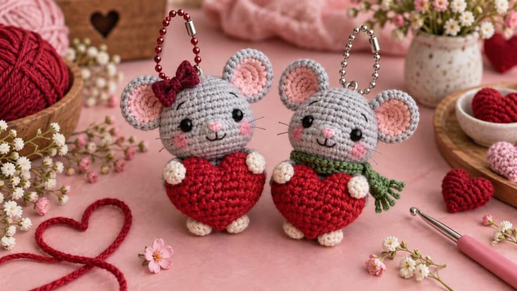 Two gray amigurumi mouse keychains holding red crochet hearts