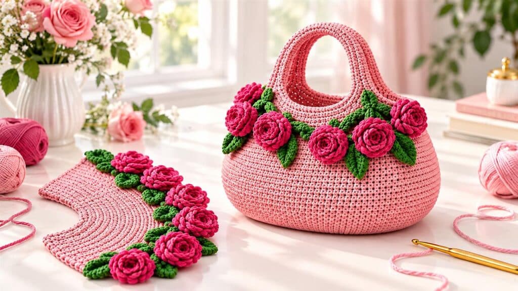 Blush-pink crochet handbag with oval handles, dimensional roses, and green leaves