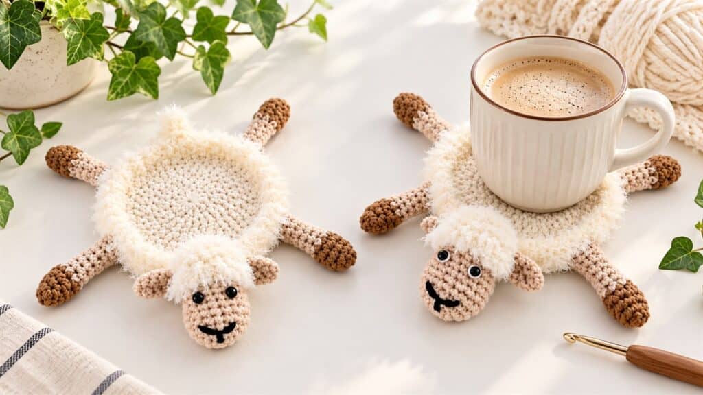 Two cream crochet sheep mug rugs with fluffy edging, friendly faces, and a ceramic cup