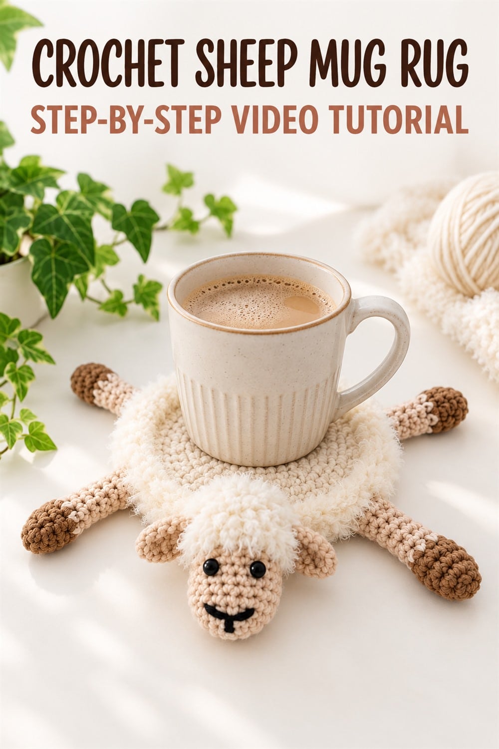 Cream crochet sheep mug rug holding a ceramic cup in a vertical step-by-step video tutorial graphic