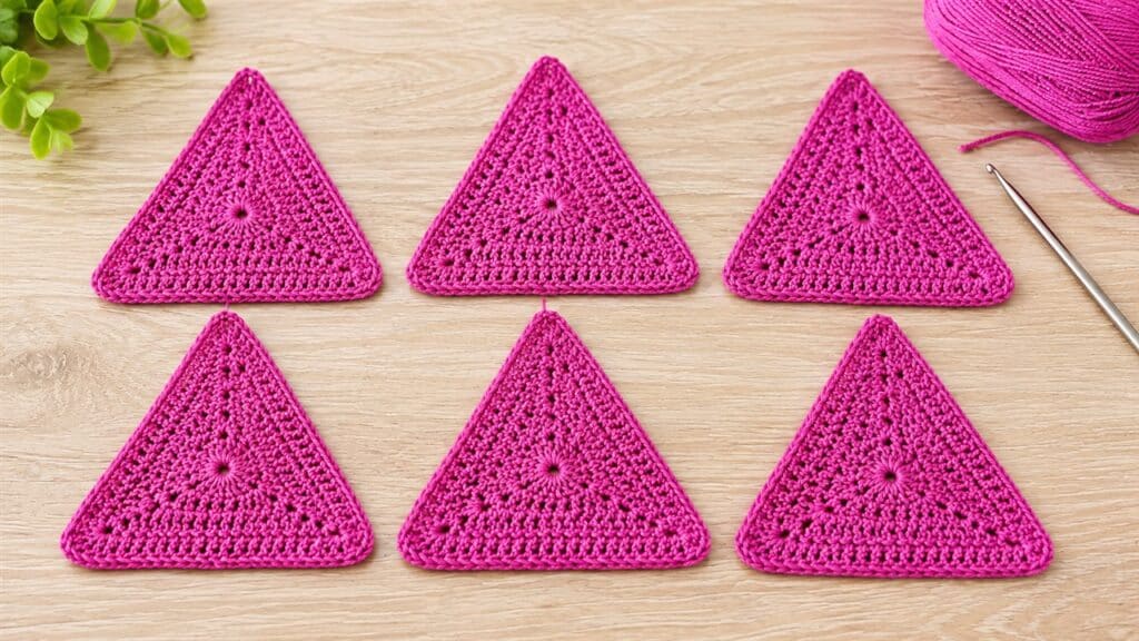Six pink crochet triangle motifs with radiating center stitches, eyelet lines, rounded points, and firm borders