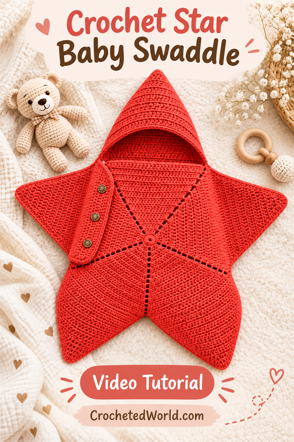Crochet Star Baby Swaddle: Beginner-Friendly Video Guide. AI-modified Pinterest image.