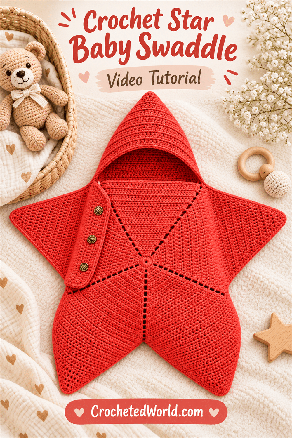 Crochet Star Baby Swaddle: Watch and Make. AI-modified Pinterest image.