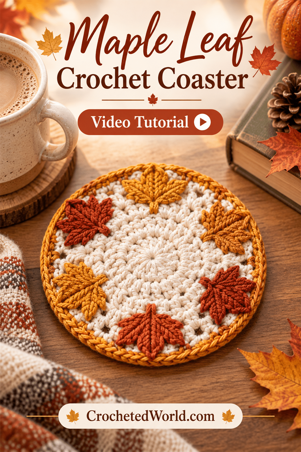 Maple Leaf Crochet Coaster: Video Tutorial. AI-modified Pinterest image.