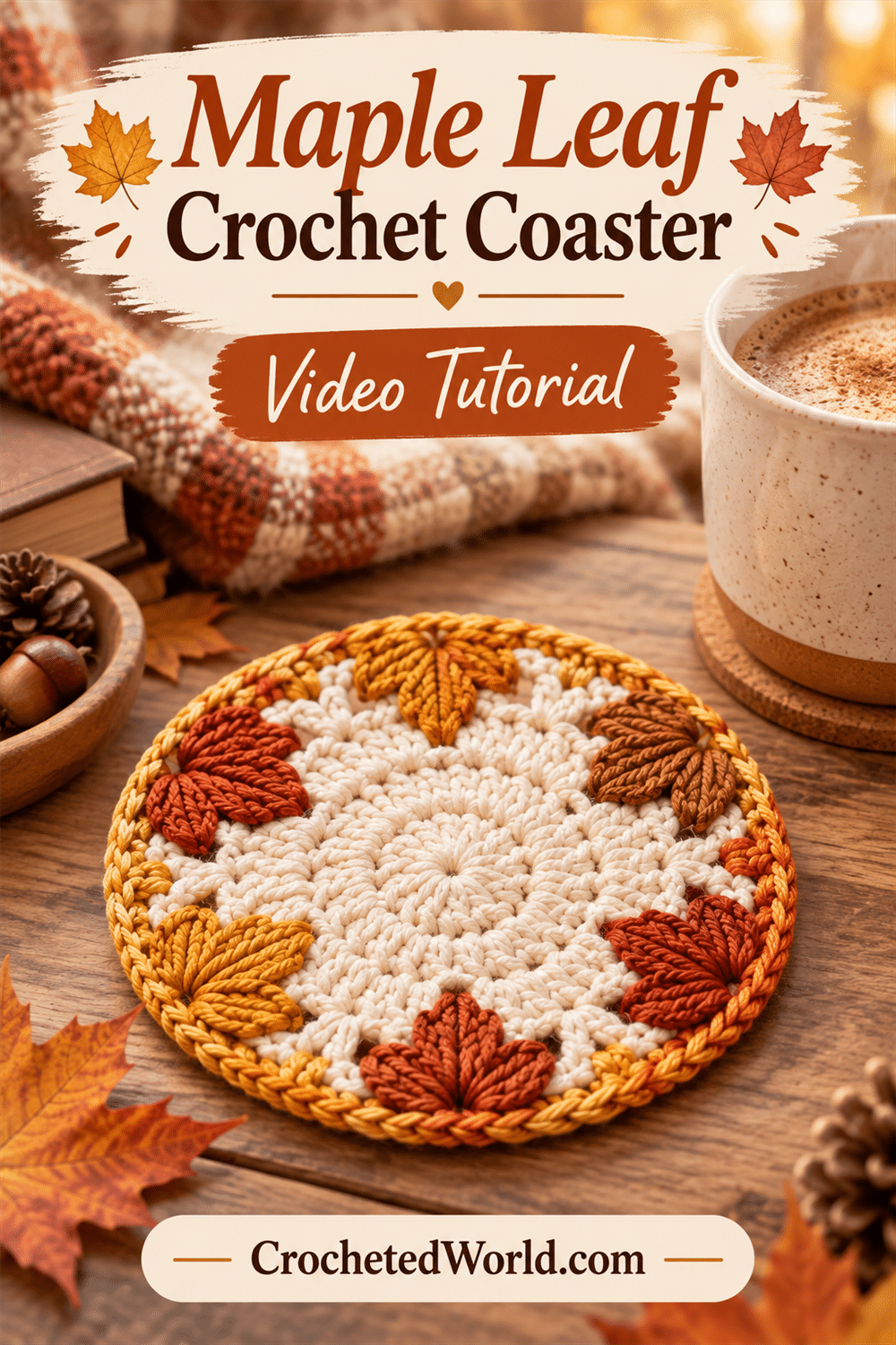 Maple Leaf Crochet Coaster: Easy Step-by-Step Guide. AI-modified Pinterest image.