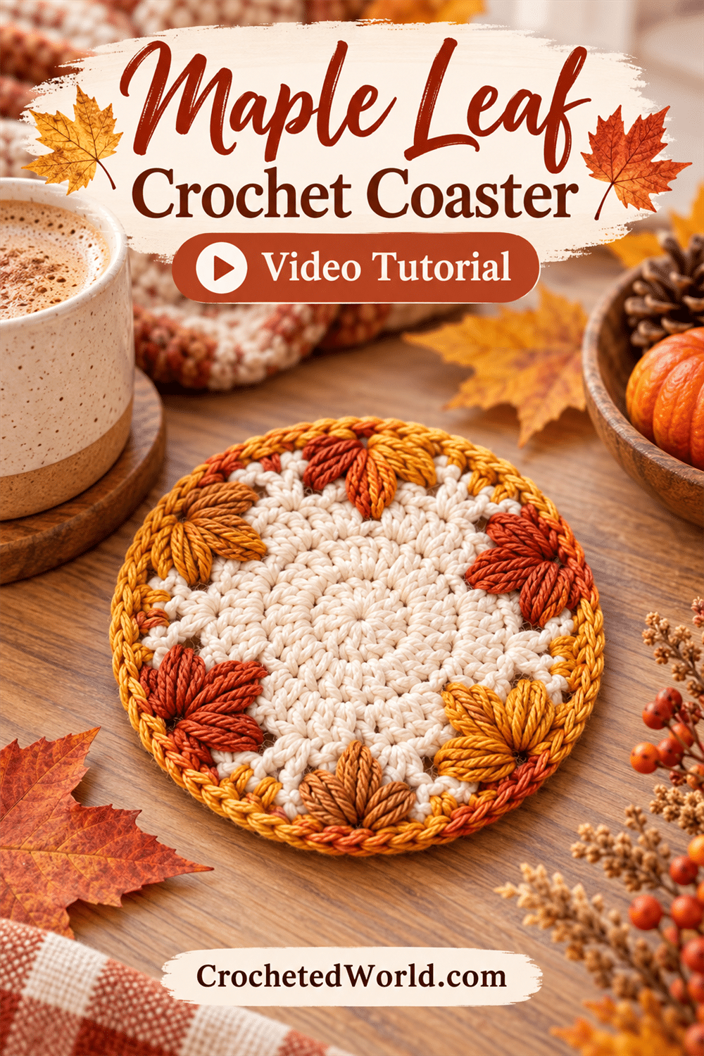 Maple Leaf Crochet Coaster: Save This Crochet Idea. AI-modified Pinterest image.