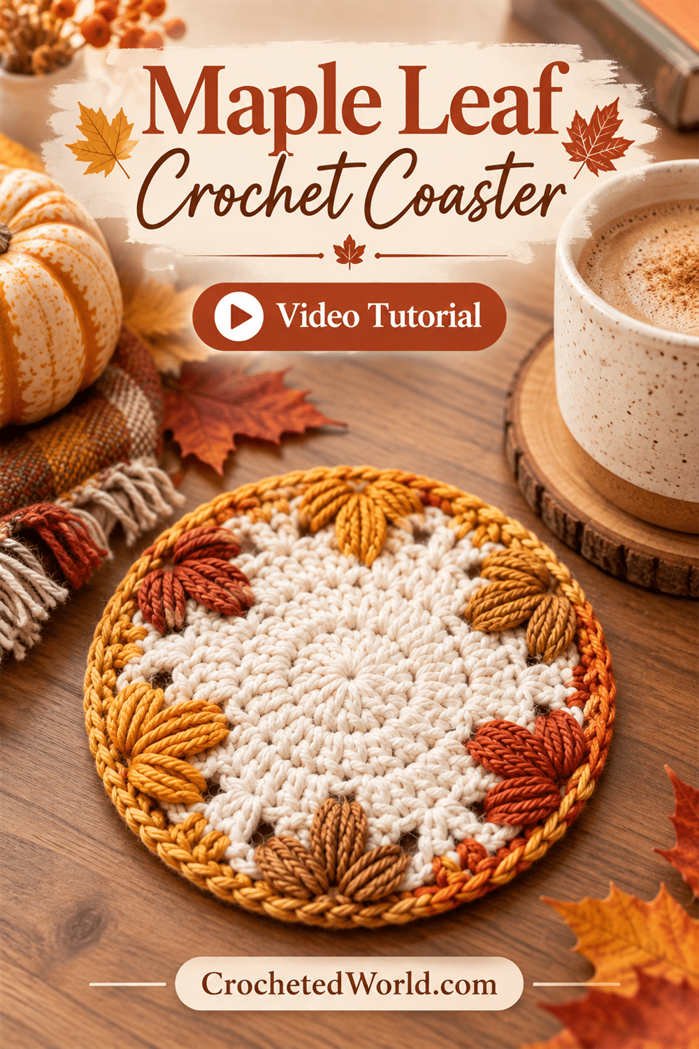 Maple Leaf Crochet Coaster: Handmade Project Tutorial. AI-modified Pinterest image.