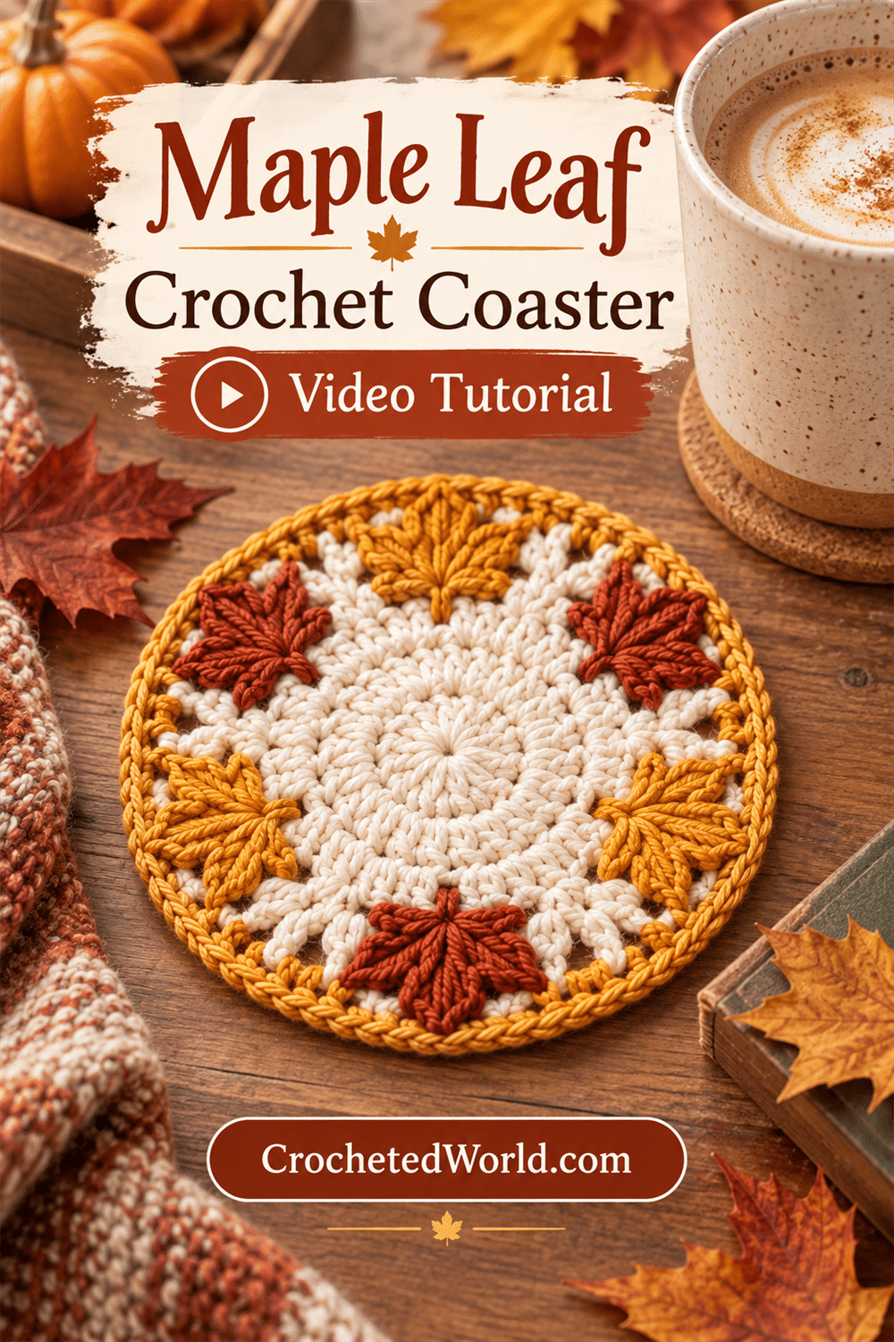 Maple Leaf Crochet Coaster: Cozy Crochet Inspiration. AI-modified Pinterest image.