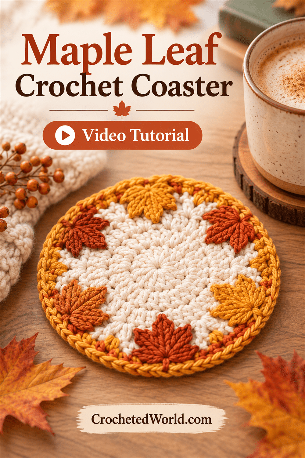 Maple Leaf Crochet Coaster: Beginner-Friendly Video Guide. AI-modified Pinterest image.