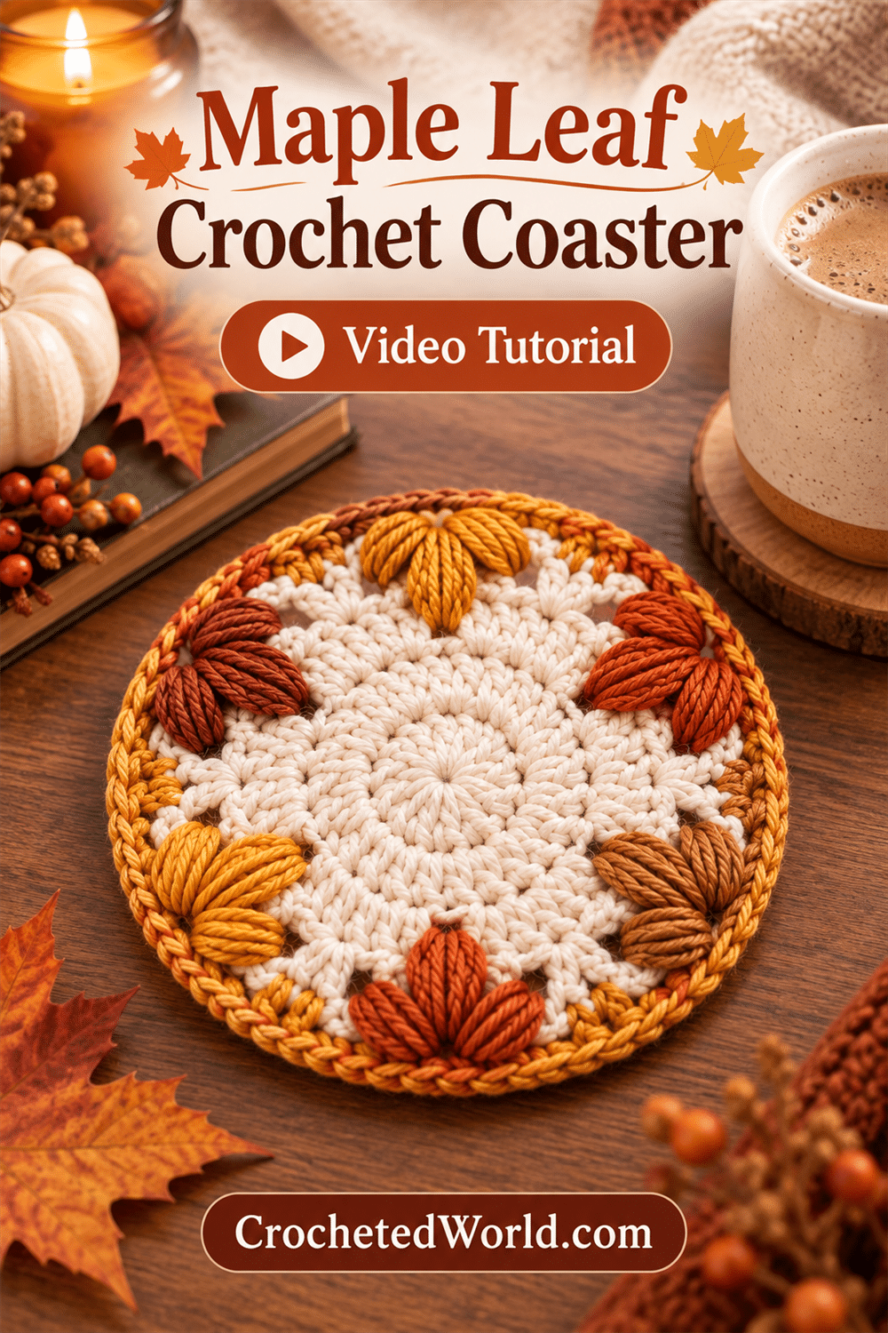 Maple Leaf Crochet Coaster: Crochet Pattern Walkthrough. AI-modified Pinterest image.
