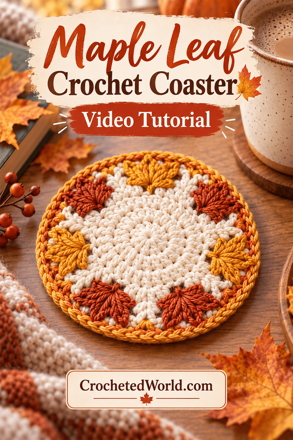 Maple Leaf Crochet Coaster: Make This Beautiful Project. AI-modified Pinterest image.