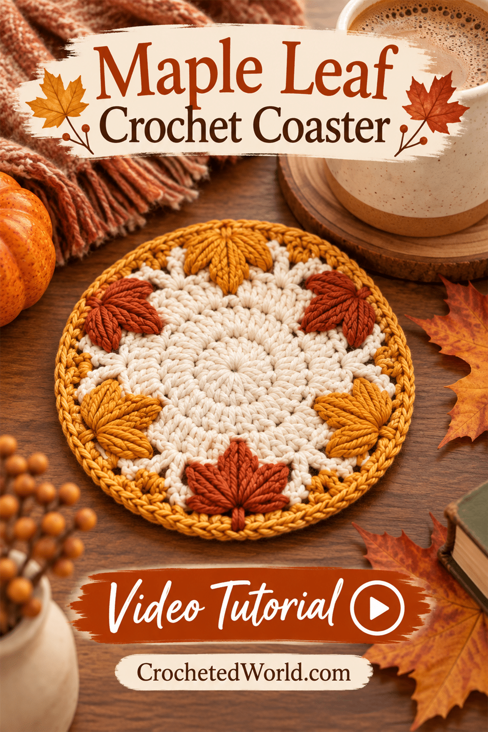 Maple Leaf Crochet Coaster: Project to Try Next. AI-modified Pinterest image.