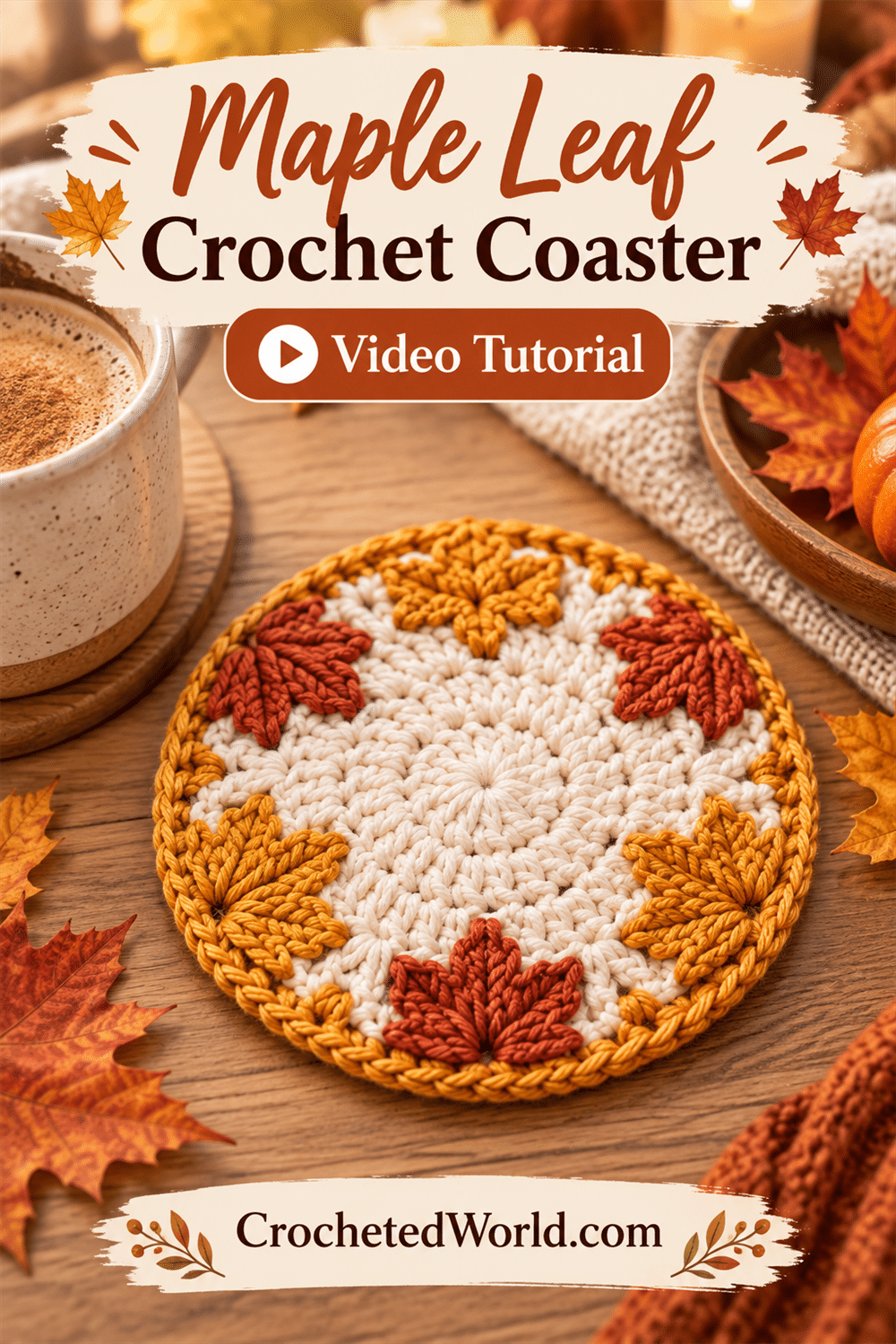 Maple Leaf Crochet Coaster: Watch and Make. AI-modified Pinterest image.