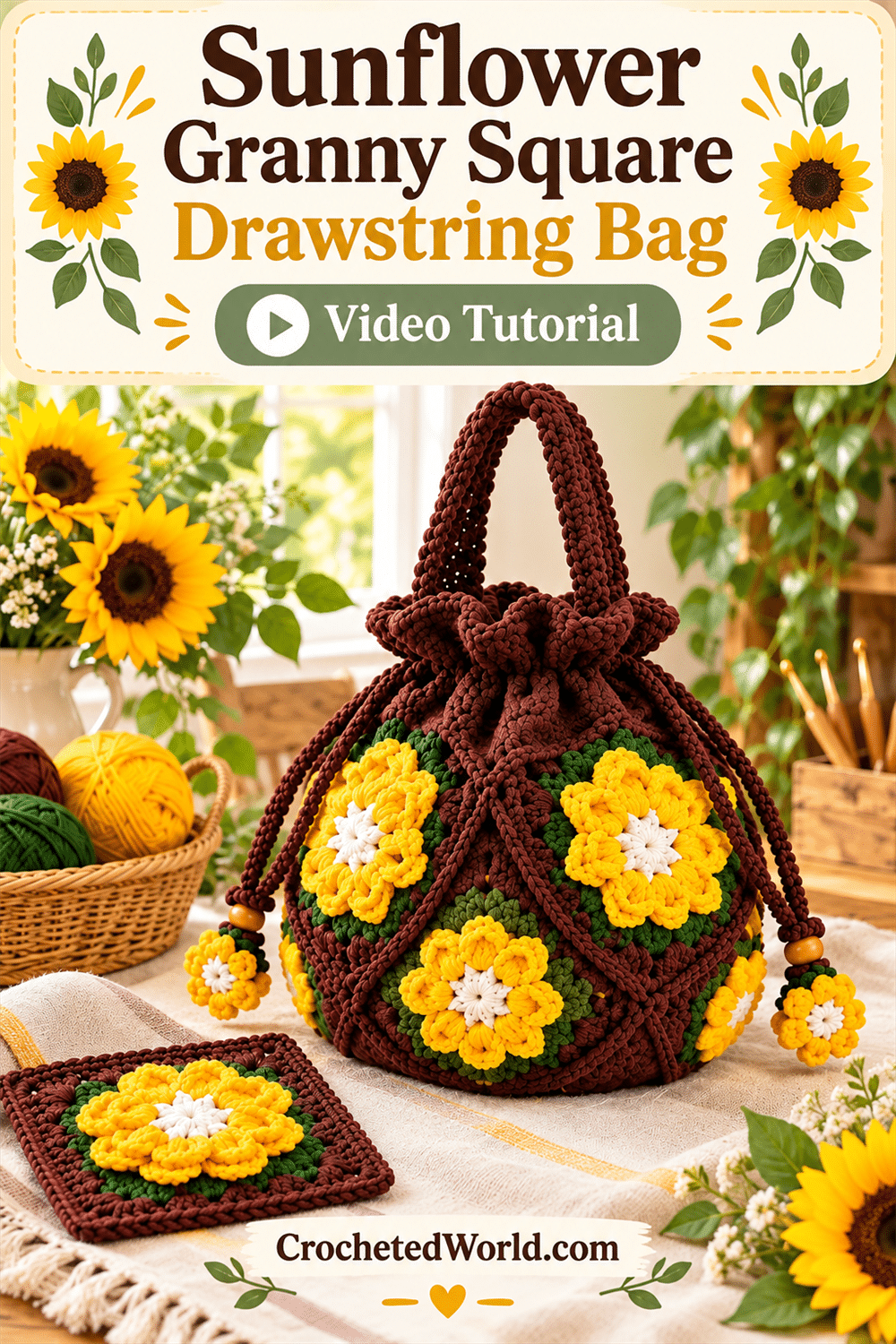 Sunflower Granny Square Drawstring Bag: Video Tutorial. AI-modified Pinterest image.