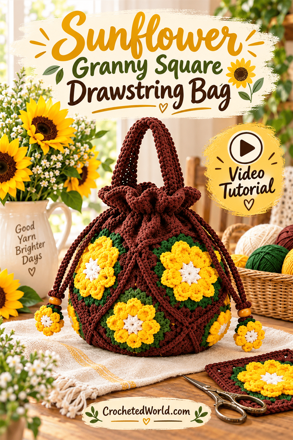 Sunflower Granny Square Drawstring Bag: Easy Crochet Project. AI-modified Pinterest image.