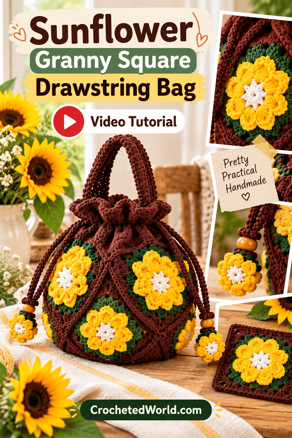 Sunflower Granny Square Drawstring Bag: Step-by-Step Tutorial. AI-modified Pinterest image.