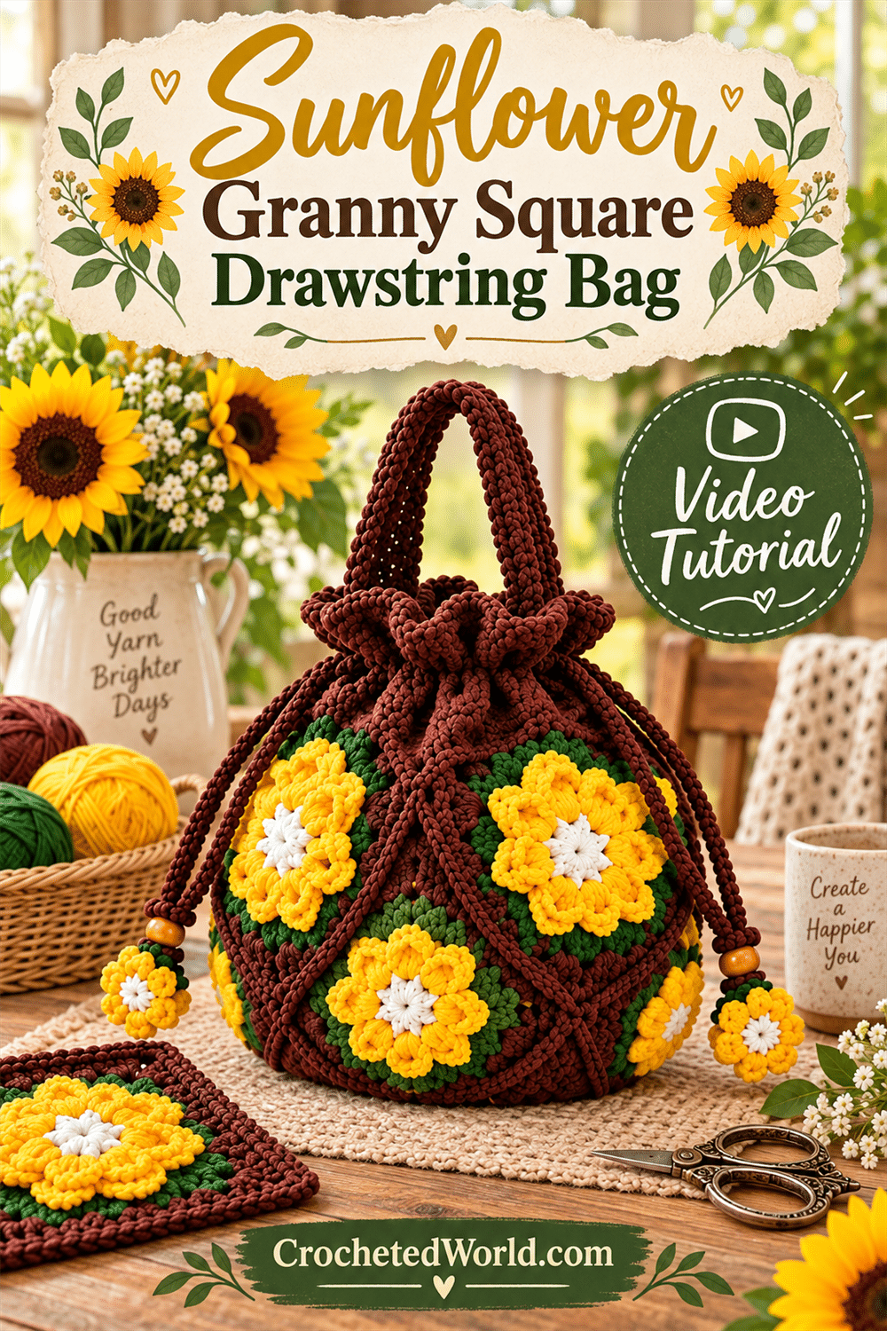Sunflower Granny Square Drawstring Bag: Save This Crochet Idea. AI-modified Pinterest image.