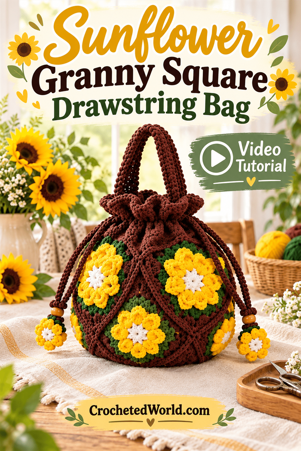Sunflower Granny Square Drawstring Bag: Watch and Make. AI-modified Pinterest image.