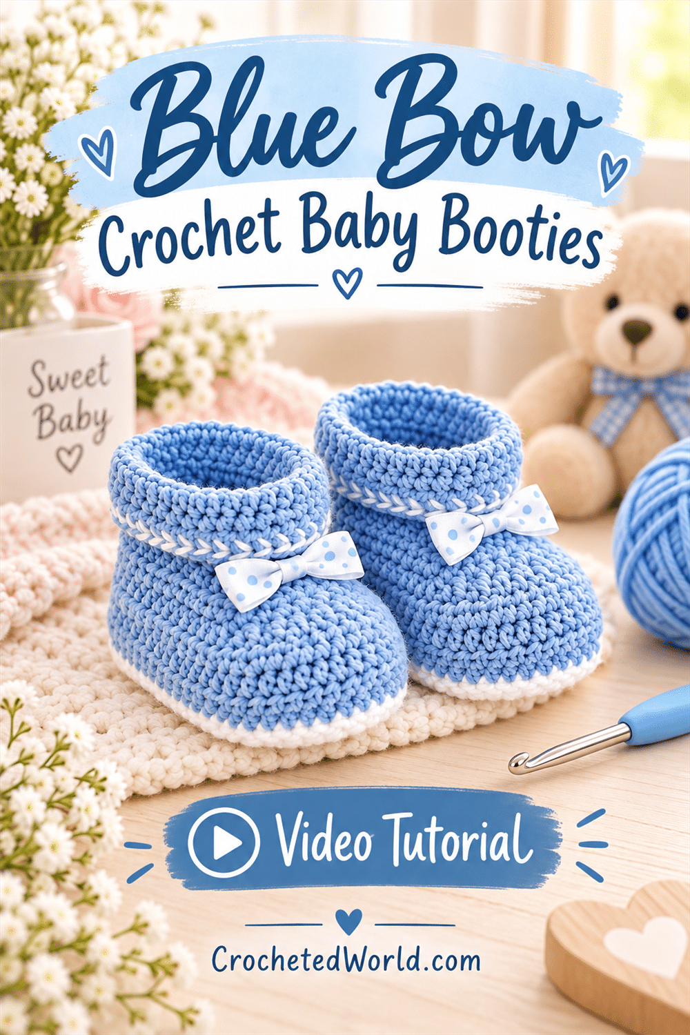 Blue Bow Crochet Baby Booties: Easy Crochet Project. AI-modified Pinterest image.