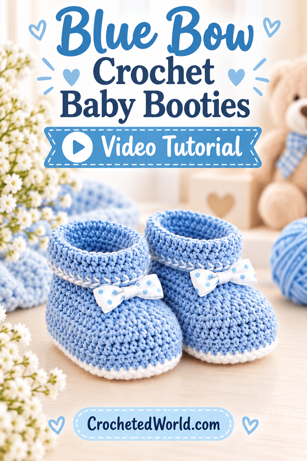 Blue Bow Crochet Baby Booties: Watch and Make. AI-modified Pinterest image.