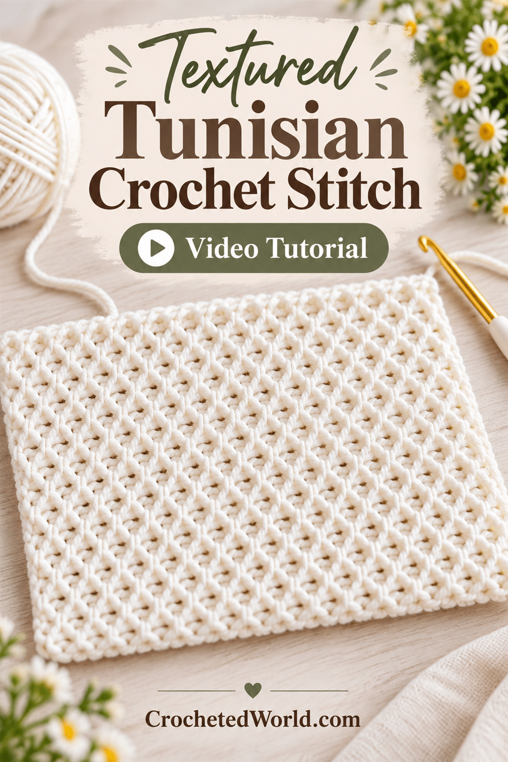 Textured Tunisian Crochet Stitch: Watch and Make. AI-modified Pinterest image.