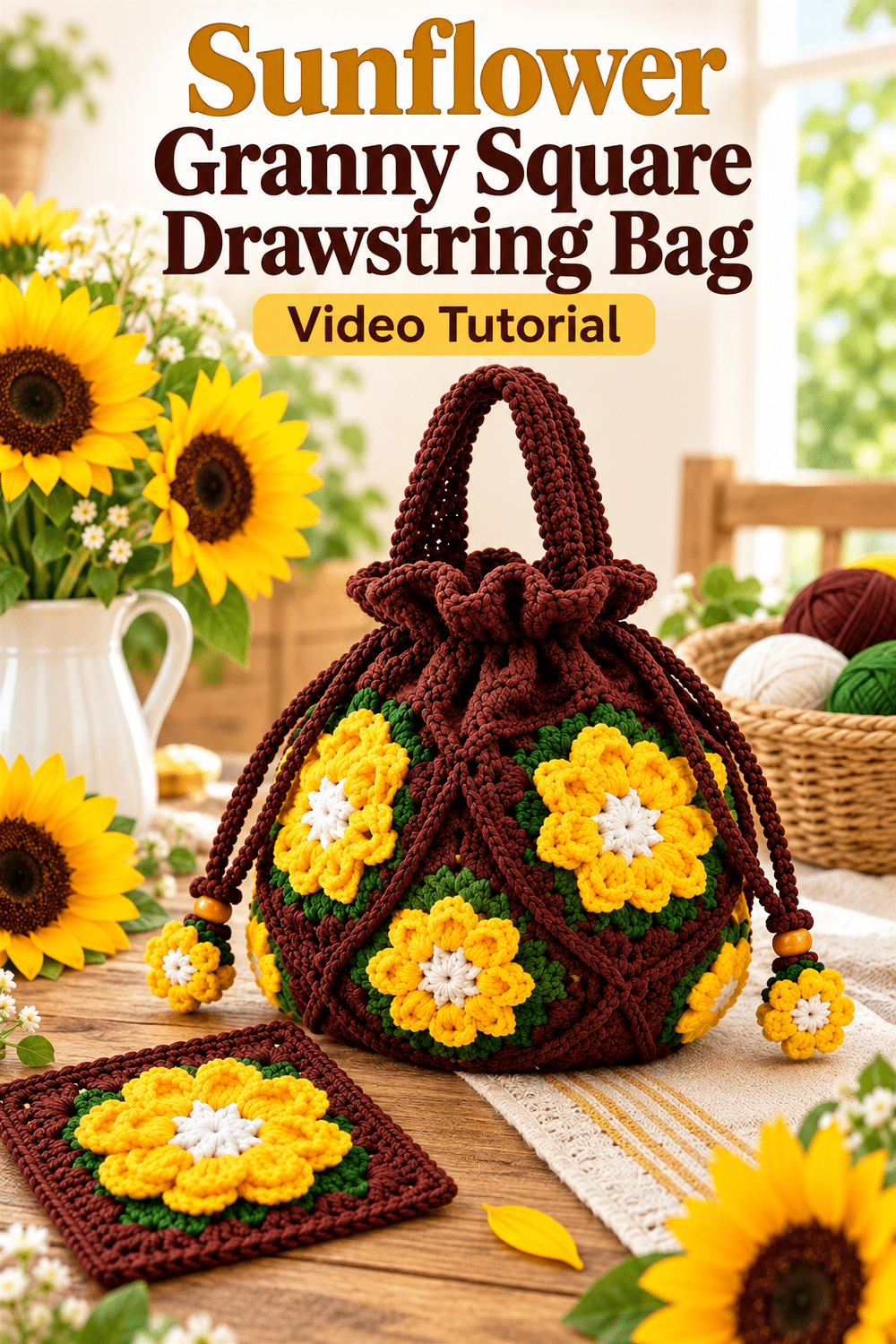 Sunflower Granny Square Drawstring Bag: Video Tutorial. AI-modified Pinterest image.